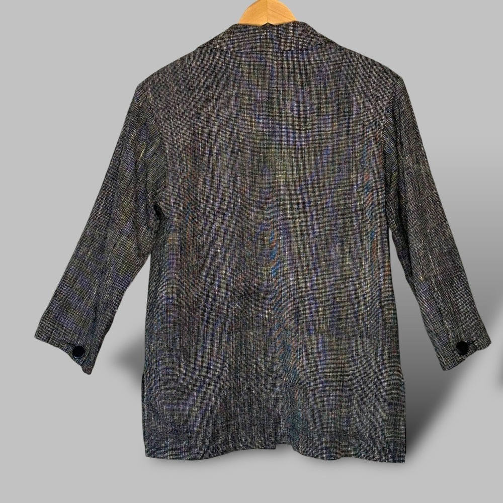 Vintage Silk Blazer Woven Tweed Jacket Black White Boxy Patch Pockets Size 6 - Picture 2 of 12